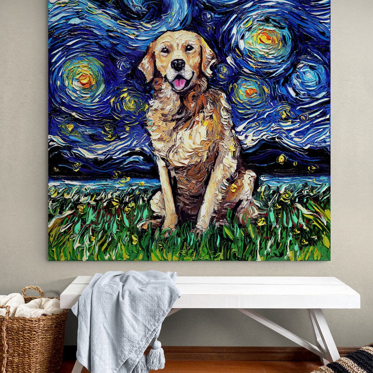 TAYRONA STORE - Cuadro Lienzo Habitacion Noche Estrellada Perro GoldRetriever 70x70cm