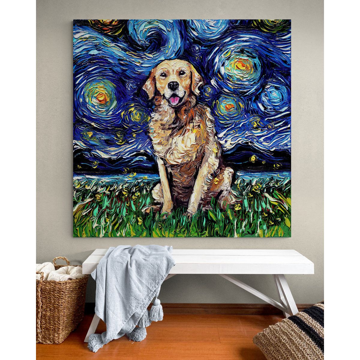 TAYRONA STORE - Cuadro Lienzo Habitacion Noche Estrellada Perro GoldRetriever 70x70cm