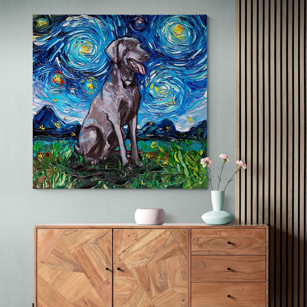 TAYRONA STORE - Cuadro Lienzo Habitacion Noche Estrellada Perro Weimaraner Night 50x50cm