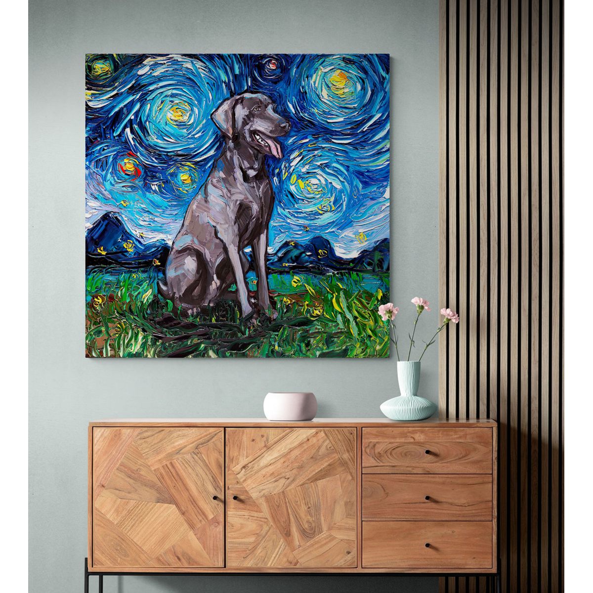 TAYRONA STORE - Cuadro Lienzo Habitacion Noche Estrellada Perro Weimaraner Night 50x50cm