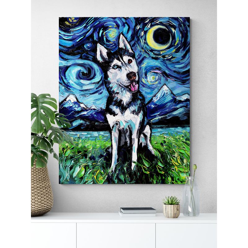TAYRONA STORE - Cuadro Lienzo Habitacion Noche Estrellada Perro Happy Husky Night 60x75cm
