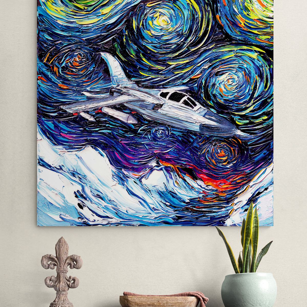 TAYRONA STORE - Cuadro Lienzo Para Habitaciones Noche Estrellada Avion 50x50cm