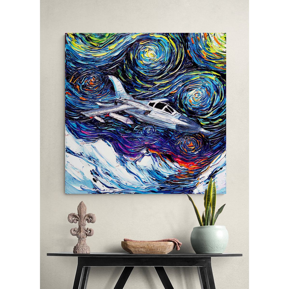 TAYRONA STORE - Cuadro Lienzo Para Habitaciones Noche Estrellada Avion 50x50cm