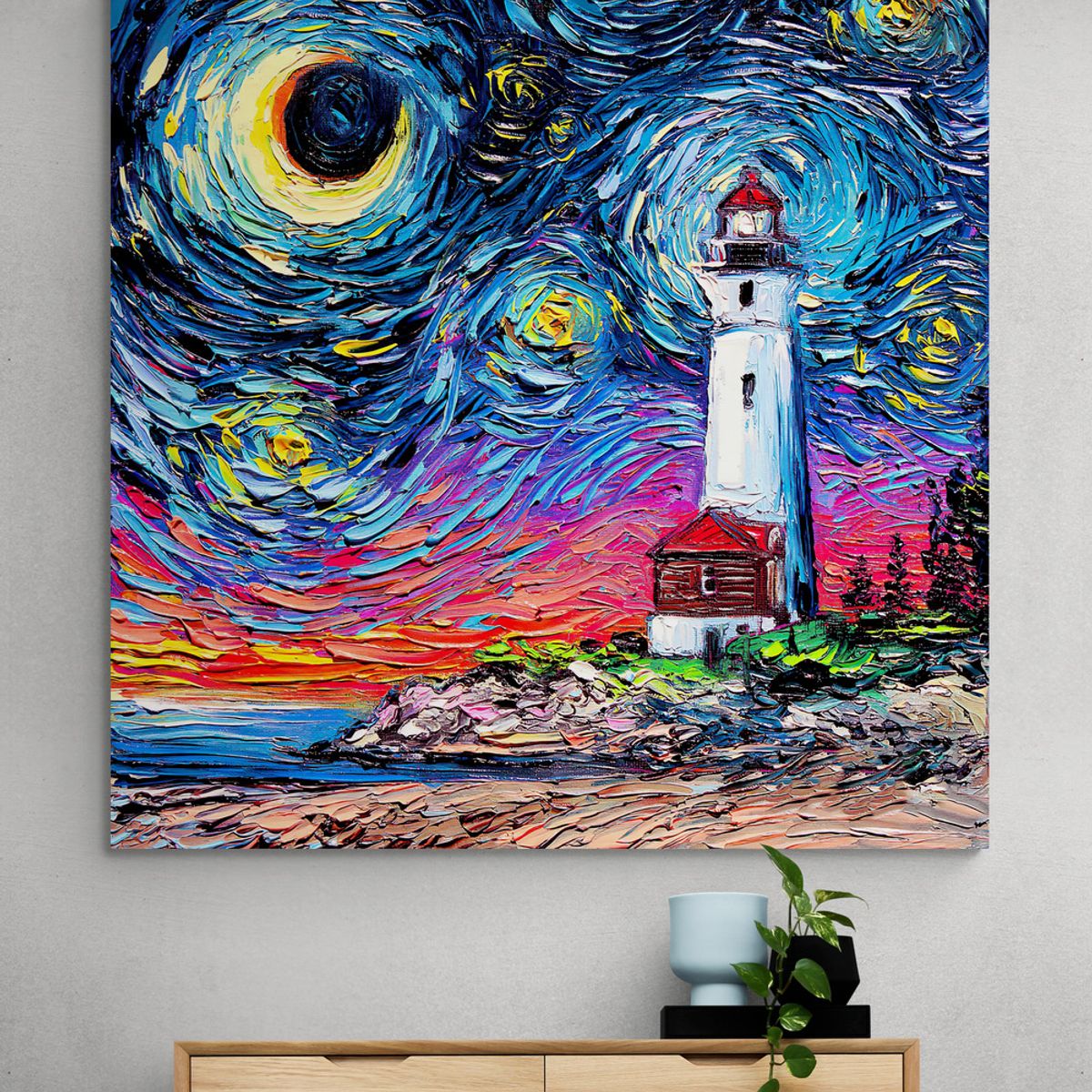 TAYRONA STORE - Cuadro Lienzo Para Habitaciones Noche Estrellada Faro 80x80cm