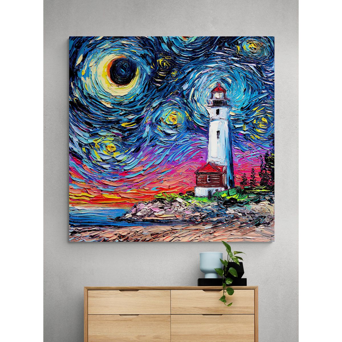 TAYRONA STORE - Cuadro Lienzo Para Habitaciones Noche Estrellada Faro 80x80cm