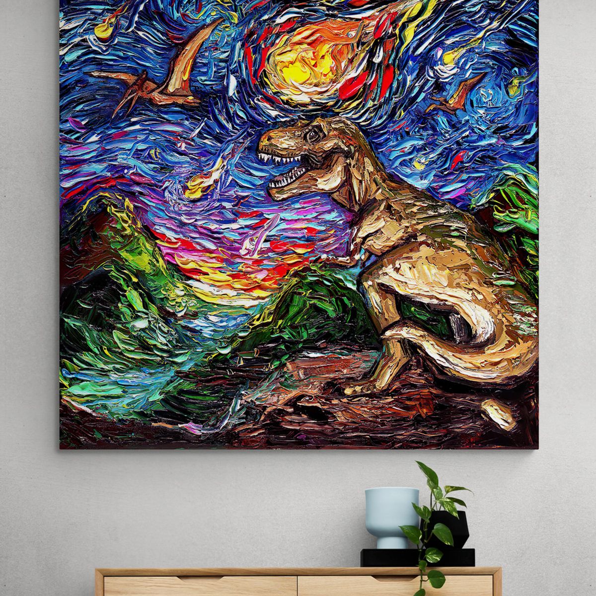 TAYRONA STORE - Cuadro Lienzo Para Habitaciones Noche Estrellada Dinosaurio 80x80cm