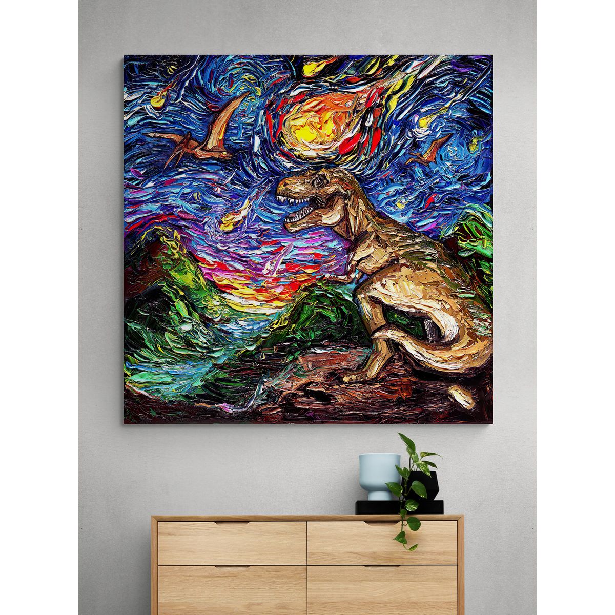 TAYRONA STORE - Cuadro Lienzo Para Habitaciones Noche Estrellada Dinosaurio 80x80cm