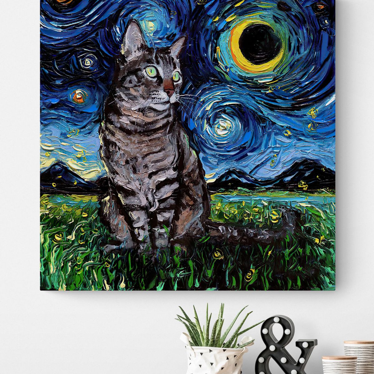 TAYRONA STORE - Cuadro Lienzo Para Habitaciones Noche Estrellada Gatos 224 90x90cm