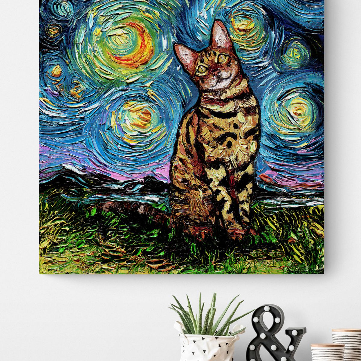 TAYRONA STORE - Cuadro Lienzo Para Habitaciones Noche Estrellada Gatos 225 70x70cm