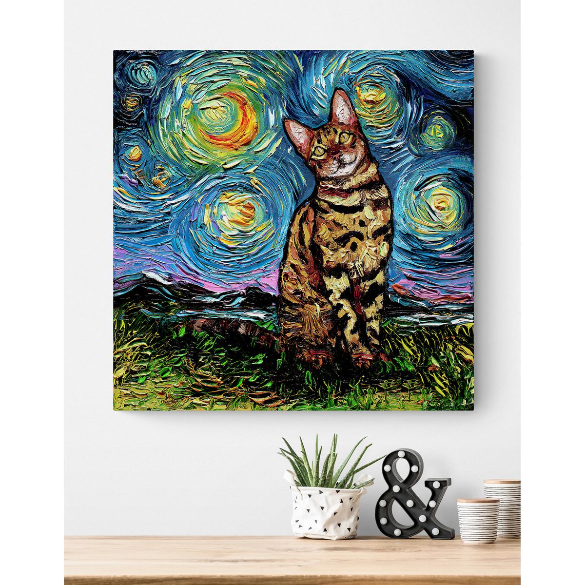 TAYRONA STORE - Cuadro Lienzo Para Habitaciones Noche Estrellada Gatos 225 70x70cm