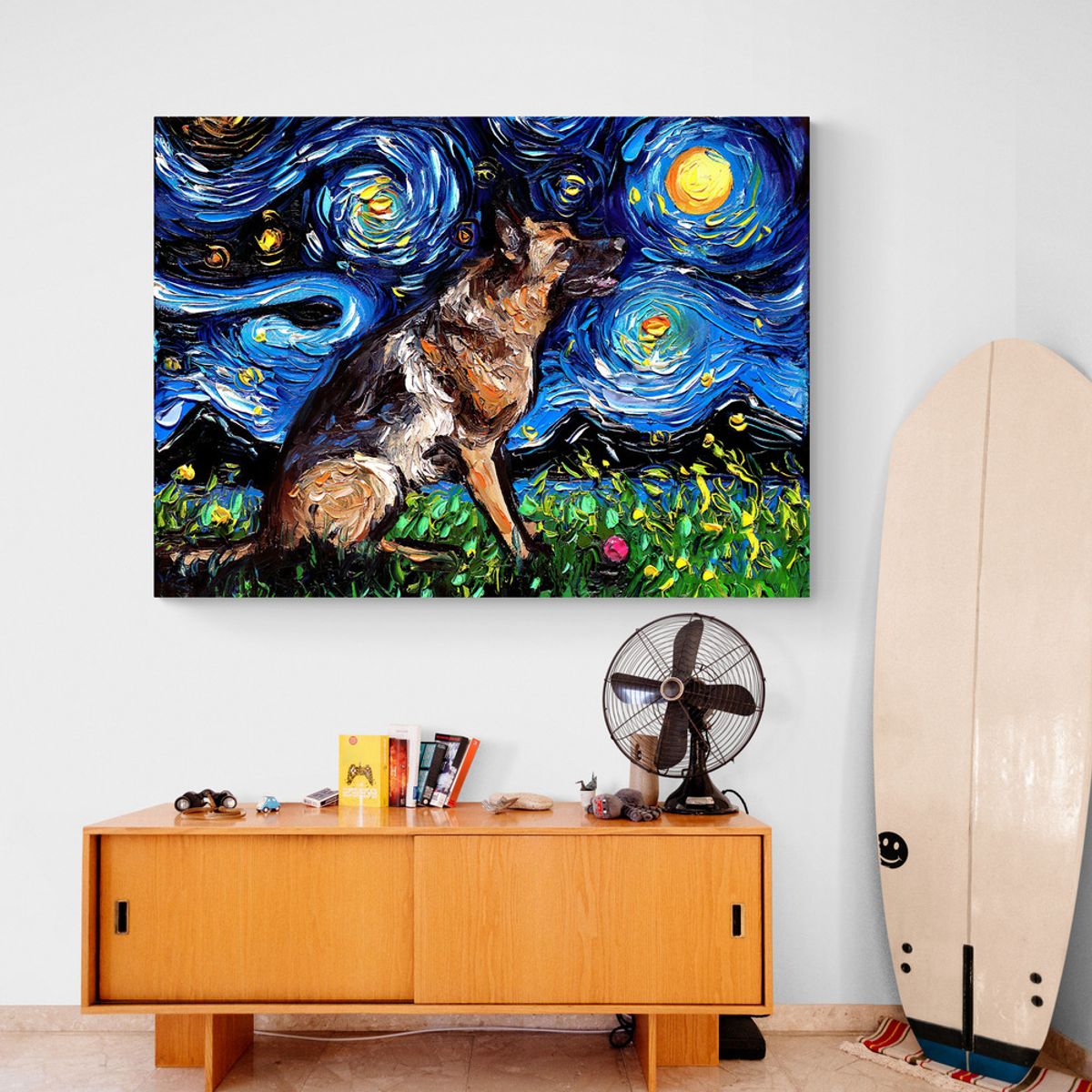 TAYRONA STORE - Cuadro Lienzo Habitacion Noche Estrellada Perro Pastor Aleman 03 100x70cm