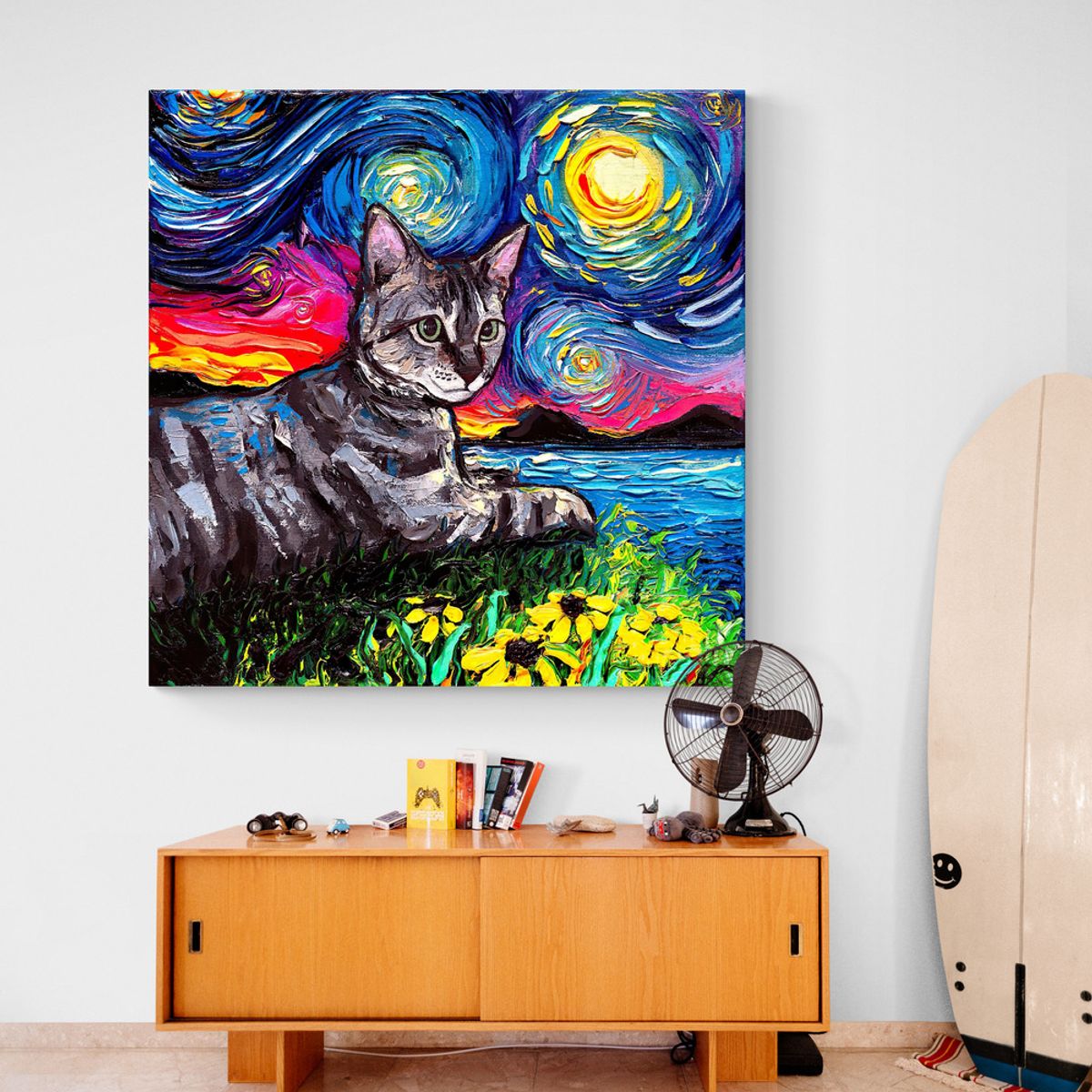 TAYRONA STORE - Cuadro Lienzo Para Habitaciones Noche Estrellada Gatos 235 50x50cm