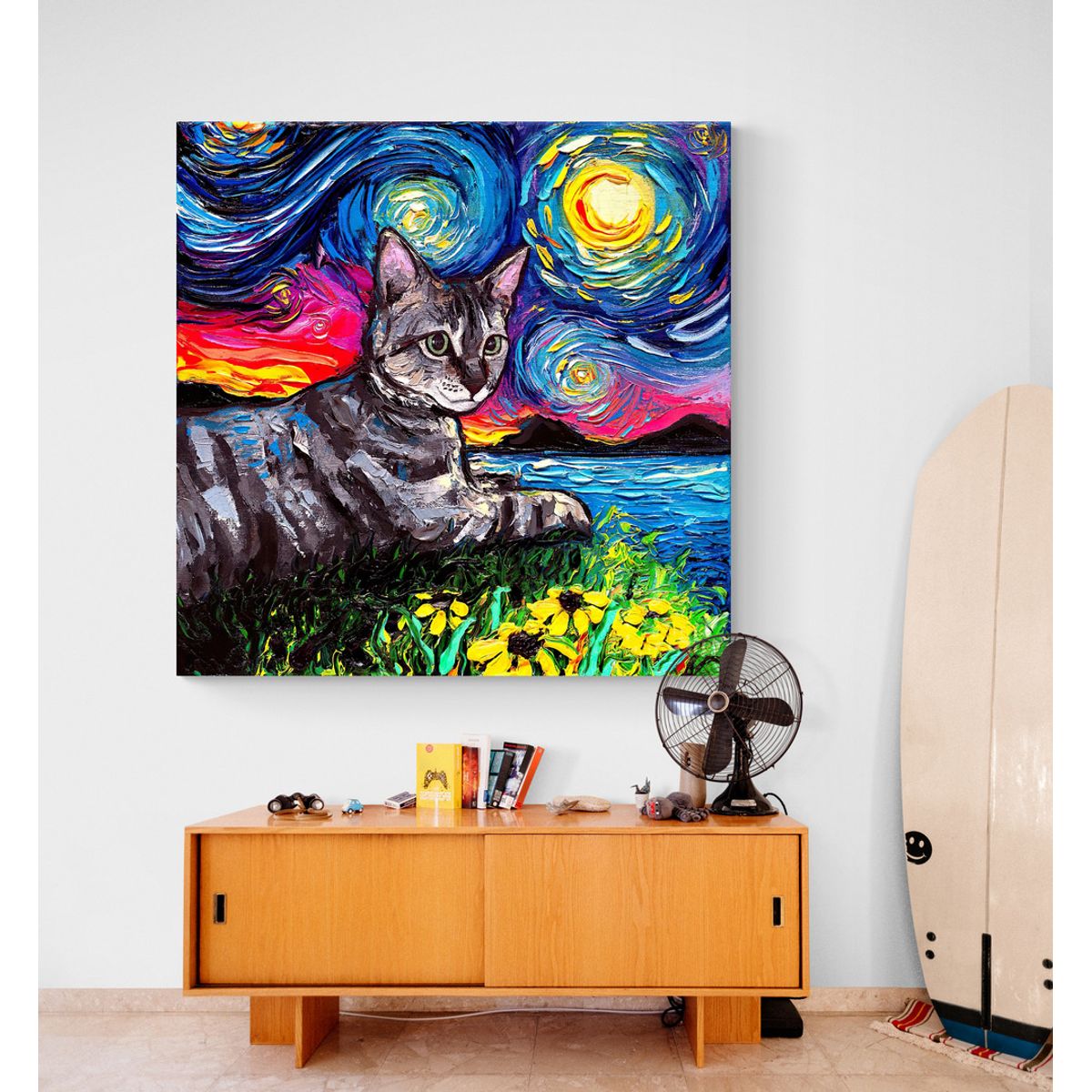 TAYRONA STORE - Cuadro Lienzo Para Habitaciones Noche Estrellada Gatos 235 50x50cm