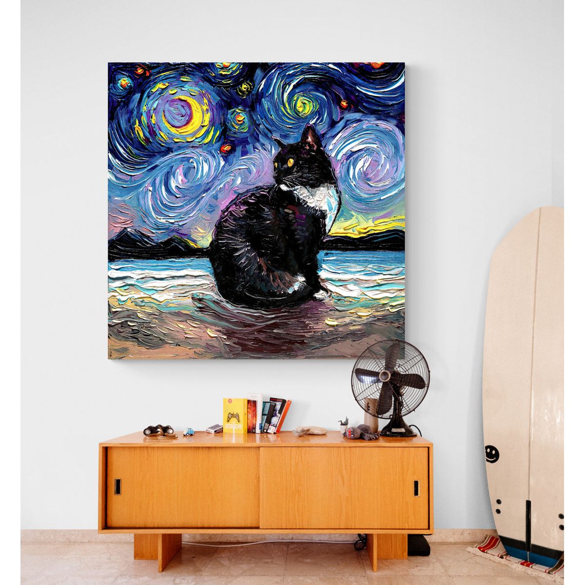 TAYRONA STORE - Cuadro Lienzo Para Habitaciones Noche Estrellada Gatos 238 70x70cm