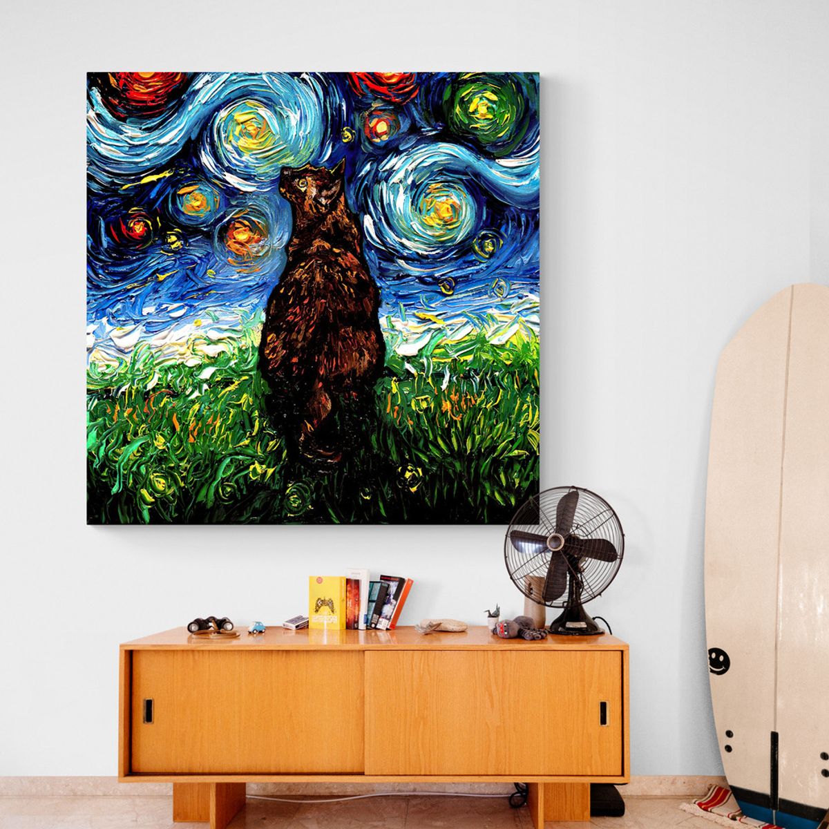 TAYRONA STORE - Cuadro Lienzo Para Habitaciones Noche Estrellada Gatos 241 50x50cm