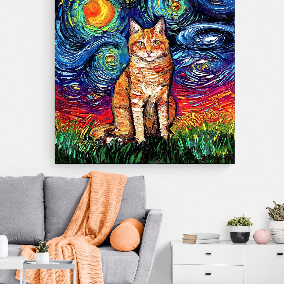 TAYRONA STORE - Cuadro Lienzo Para Habitaciones Noche Estrellada Gatos 242 80x80cm.