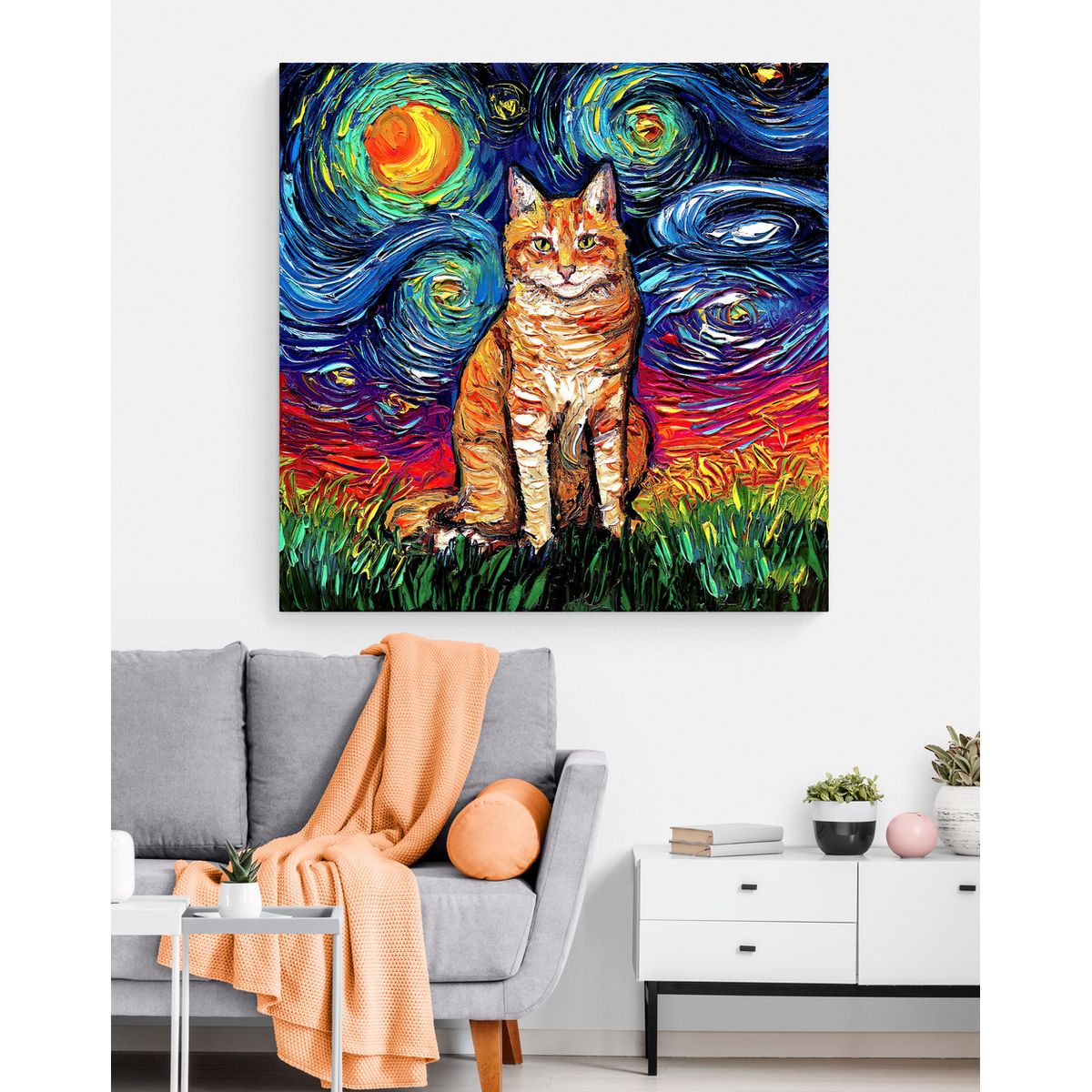 TAYRONA STORE - Cuadro Lienzo Para Habitaciones Noche Estrellada Gatos 242 80x80cm.