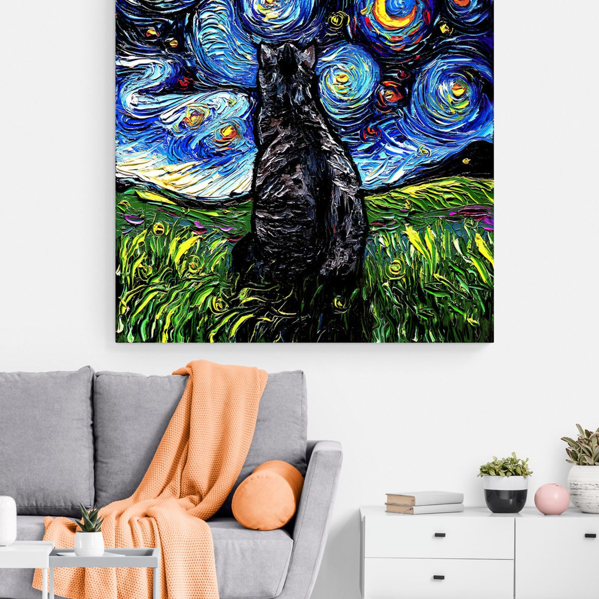 TAYRONA STORE - Cuadro Lienzo Para Habitaciones Noche Estrellada Gatos 243 70x70cm