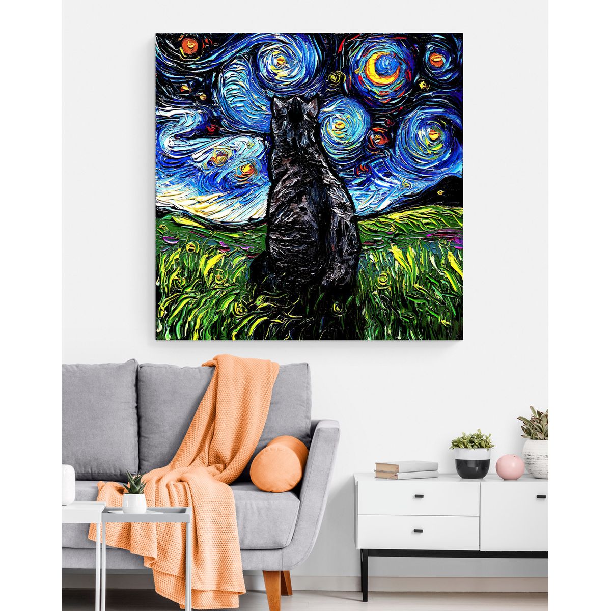 TAYRONA STORE - Cuadro Lienzo Para Habitaciones Noche Estrellada Gatos 243 70x70cm