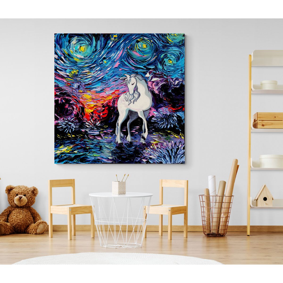 TAYRONA STORE - Cuadro Lienzo Para Habitaciones Noche Estrellada Unicornios 70x70cm