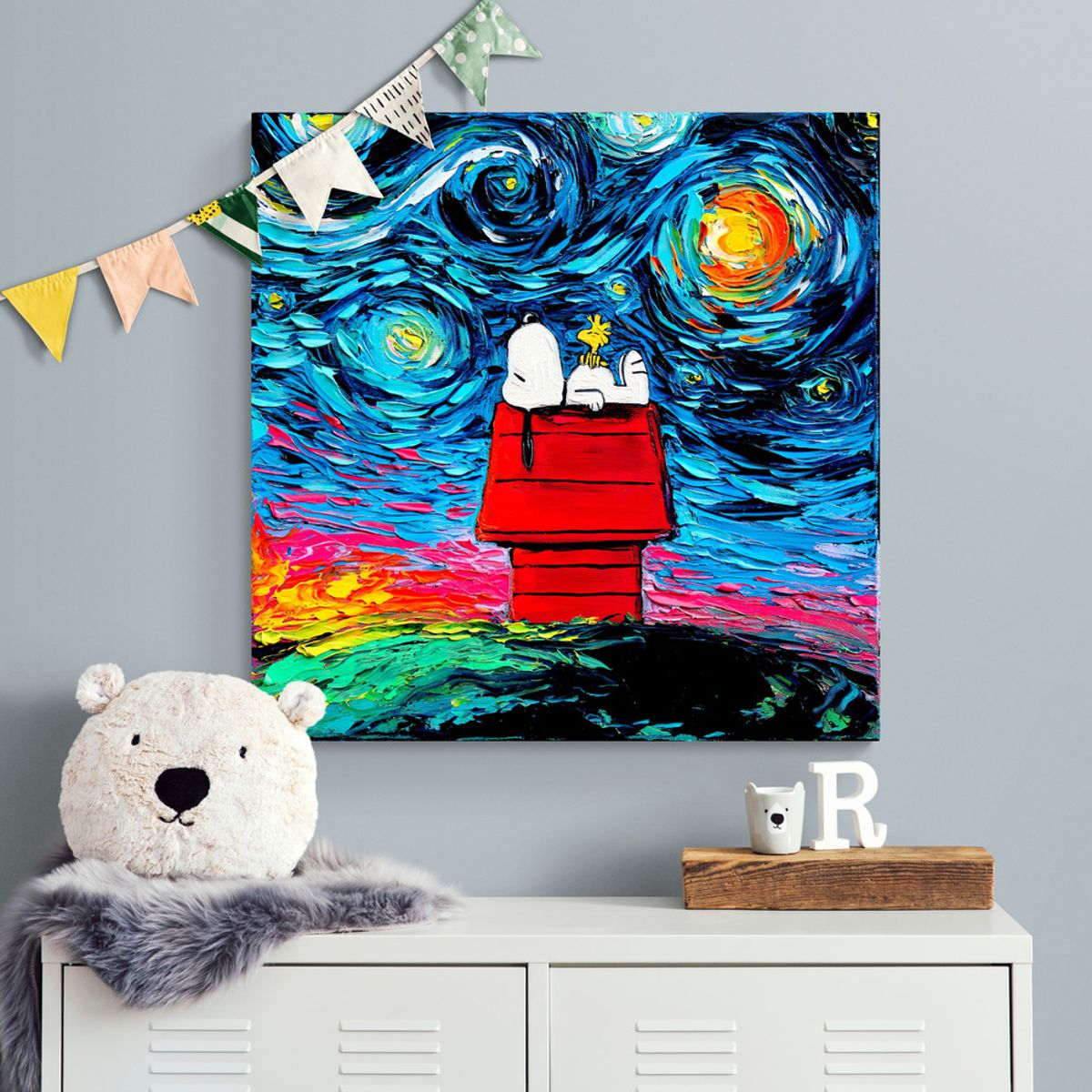 TAYRONA STORE - Cuadro Lienzo Para Habitaciones Noche Estrellada Snoopy 01 60x60cm