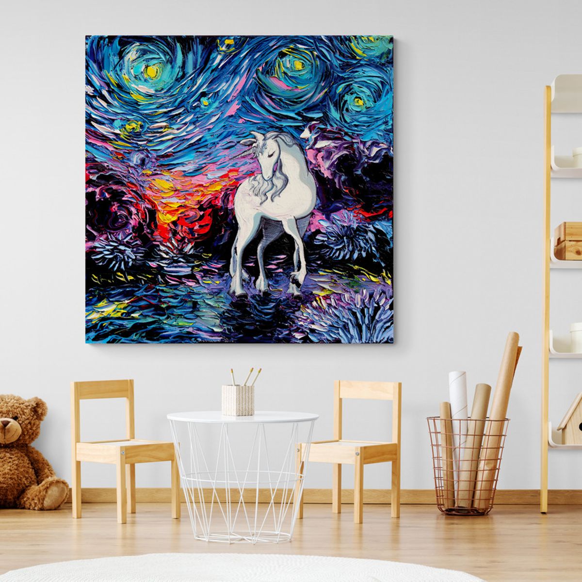 TAYRONA STORE - Cuadro Lienzo Para Habitaciones Noche Estrellada Unicornios 60x60cm.