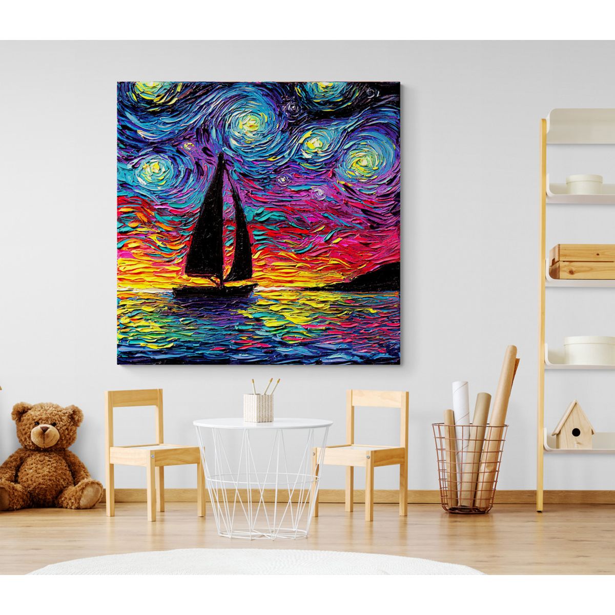 TAYRONA STORE - Cuadro Lienzo Para Habitaciones Noche Estrellada Velero 80x80cm