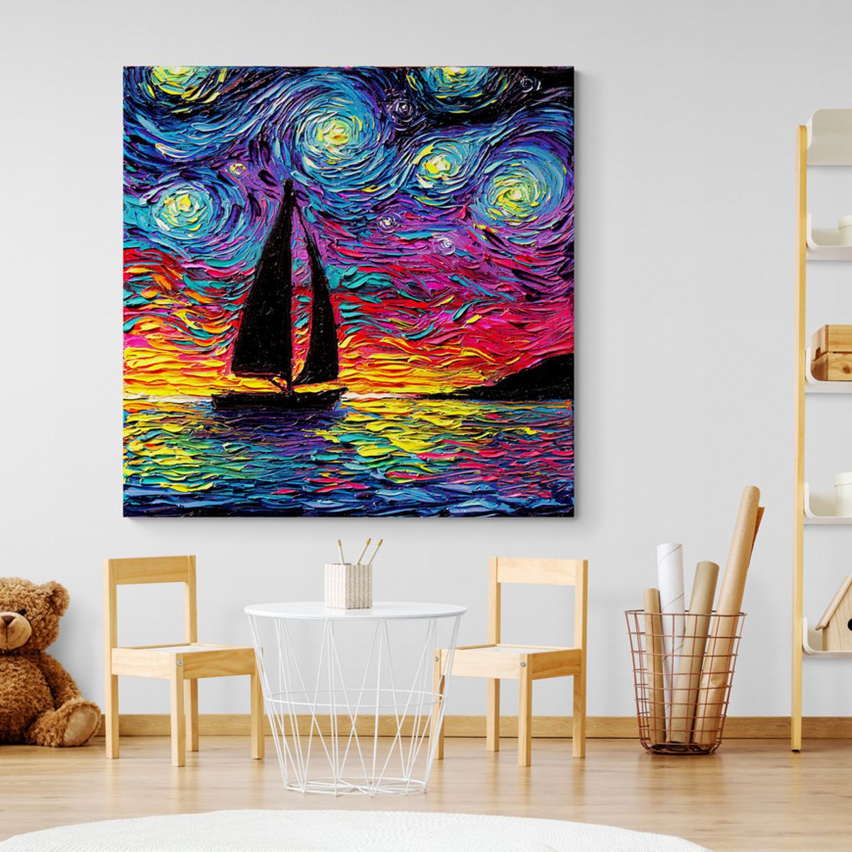 TAYRONA STORE - Cuadro Lienzo Para Habitaciones Noche Estrellada Velero 50x50cm