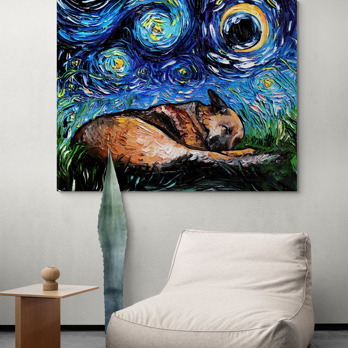TAYRONA STORE - Cuadro Lienzo Habitacion Noche Estrellada Perro Pastor Aleman 01 125x100cm