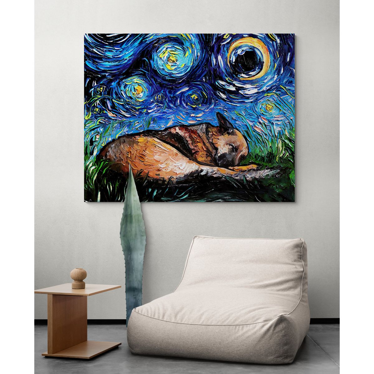 TAYRONA STORE - Cuadro Lienzo Habitacion Noche Estrellada Perro Pastor Aleman 01 125x100cm
