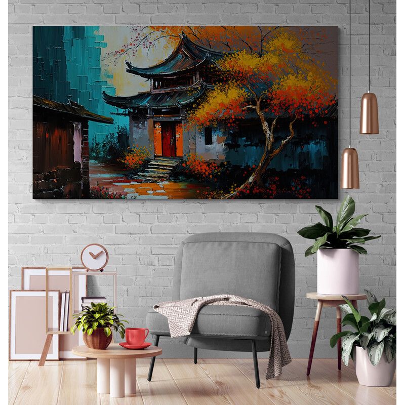 TAYRONA STORE - Cuadro Lienzo Para Habitaciones China Pintura Pueblo 035 100x55cm