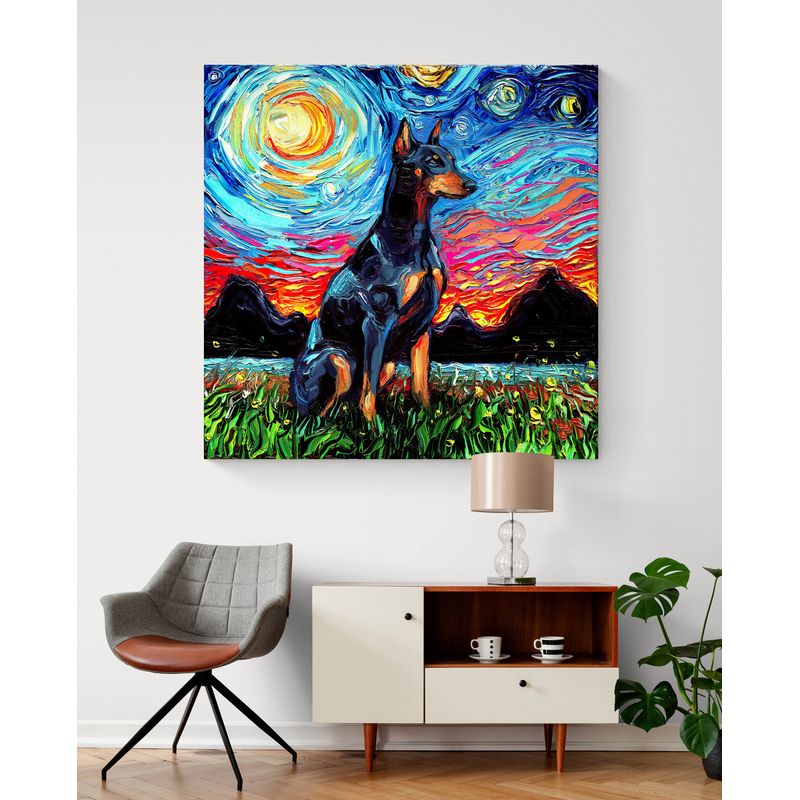 TAYRONA STORE - Cuadro Lienzo Habitacion Noche Estrellada Perro Doberman Night 70x70cm