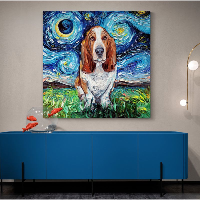 TAYRONA STORE - Cuadro Lienzo Habitacion Noche Estrellada Perro Basset Hound 01 50x50cm