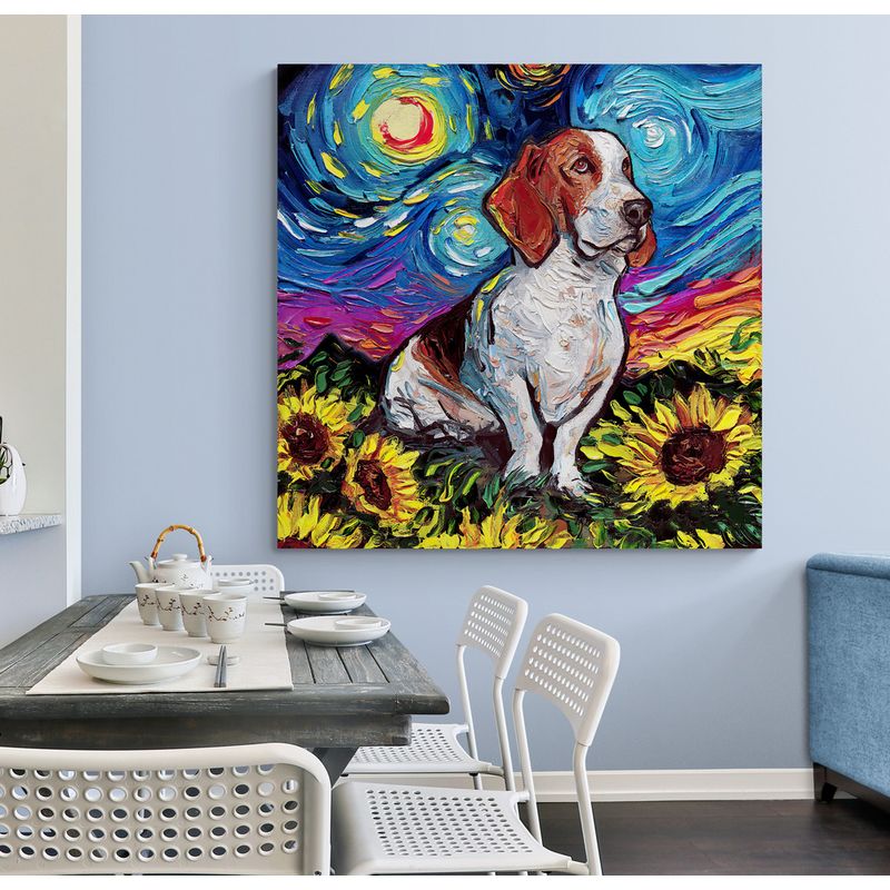 TAYRONA STORE - Cuadro Lienzo Habitacion Noche Estrellada Perro Basset Hound 02 90x90cm
