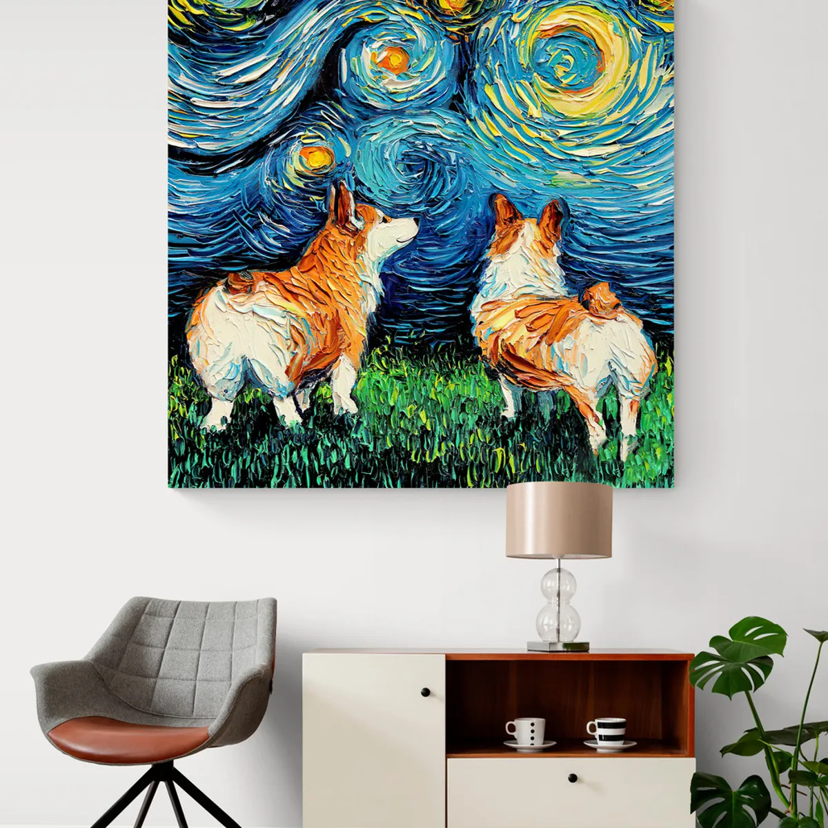 TAYRONA STORE - Cuadro Lienzo Para Habitaciones Noche Estrellada Perro Corgi 60x60cm
