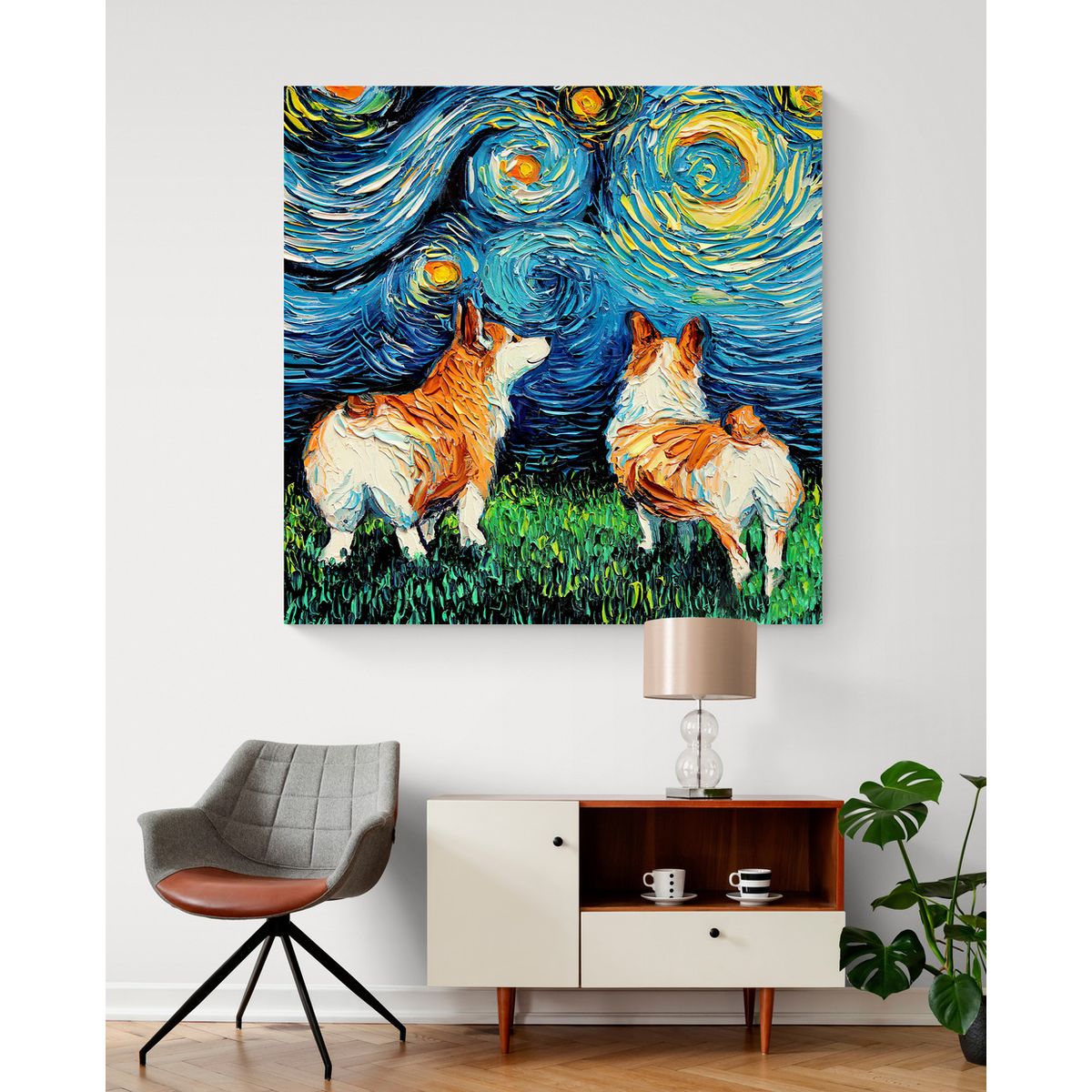 TAYRONA STORE - Cuadro Lienzo Para Habitaciones Noche Estrellada Perro Corgi 60x60cm