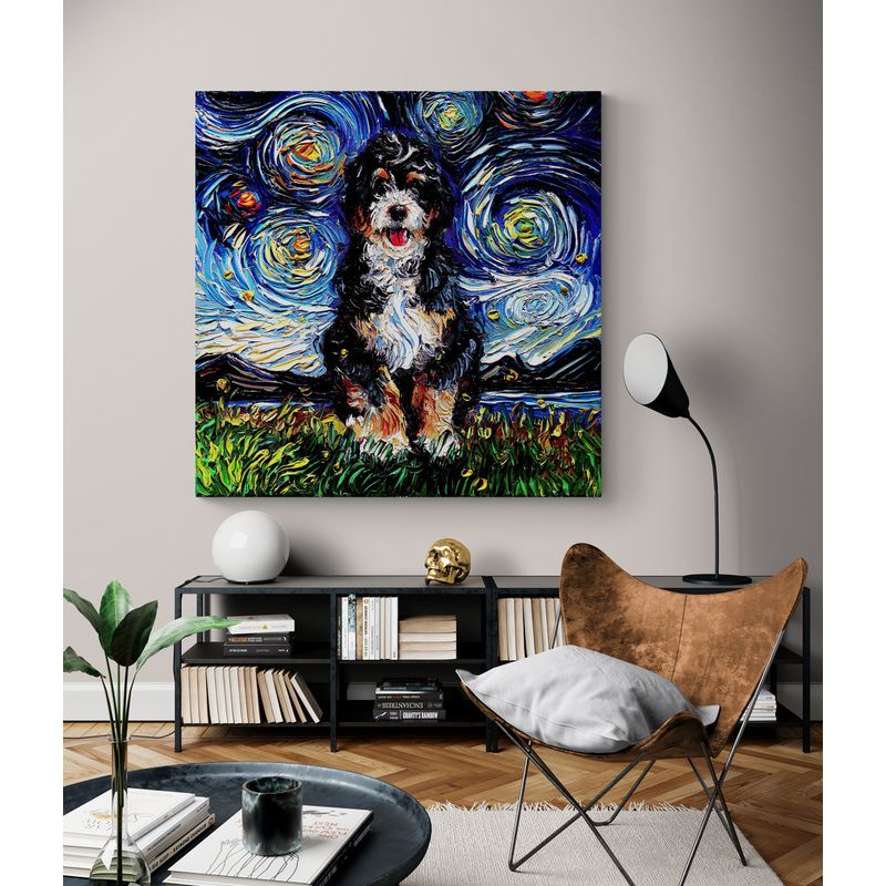 TAYRONA STORE - Cuadro Lienzo Habitaciones Noche Estrellada Perro Bernedoodle 50x50cm