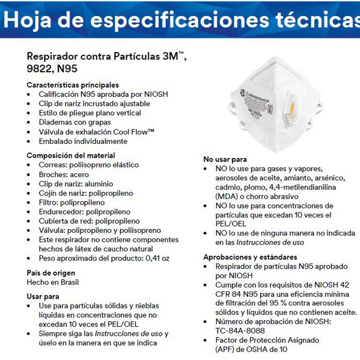 3M - TAPABOCAS 3M N95 9822 CON VALVULA Cool Flow™ X 10 UNIDADES -