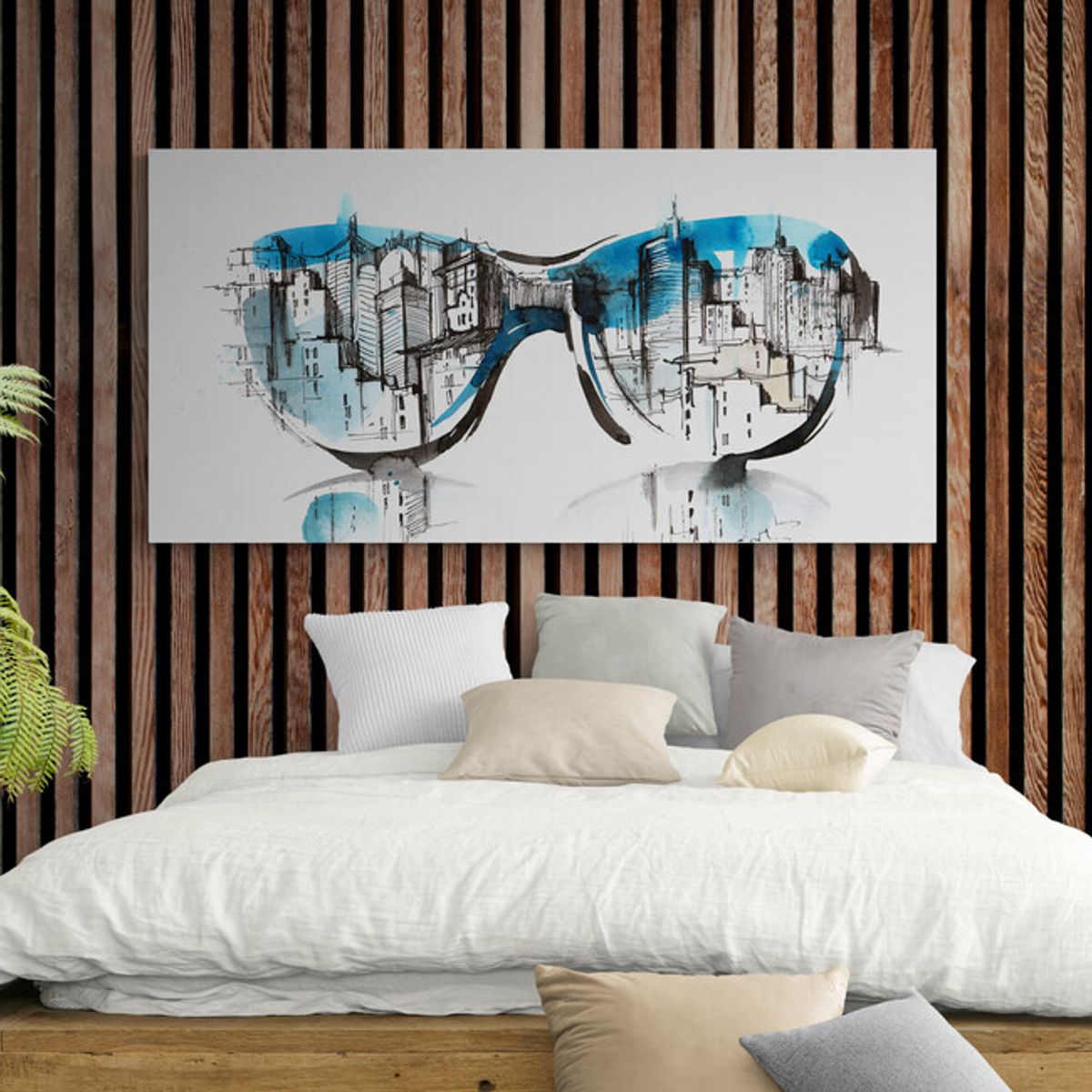 TAYRONA STORE - Cuadro Lienzo Para Habitaciones Gafas Pintura Ciudad 101 100x50cm