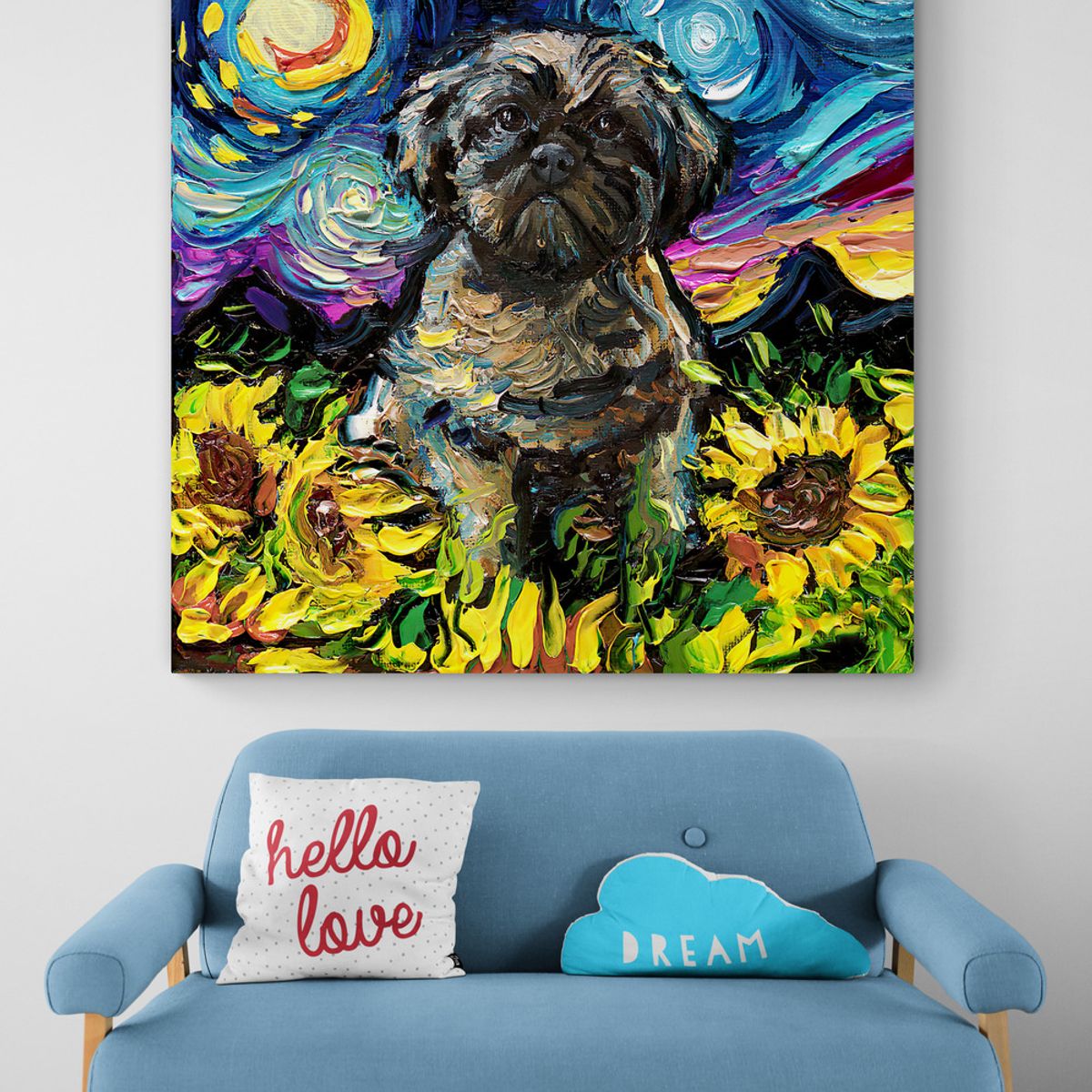 TAYRONA STORE - Cuadro Lienzo Habitaciones Noche Estrellada Perro Shih Tzu 70x70cm