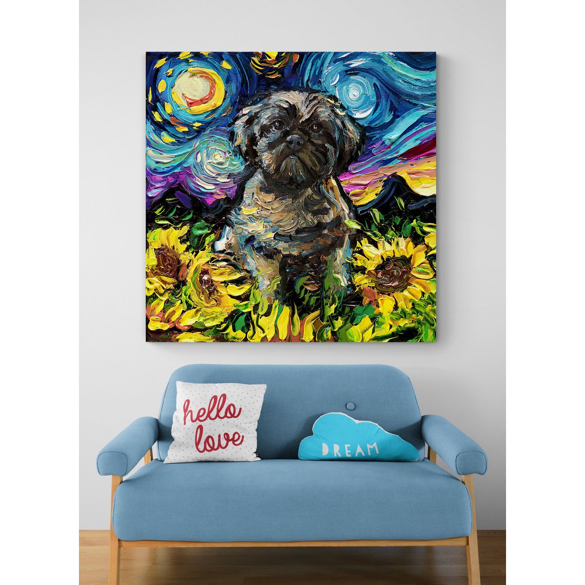 TAYRONA STORE - Cuadro Lienzo Habitaciones Noche Estrellada Perro Shih Tzu 70x70cm