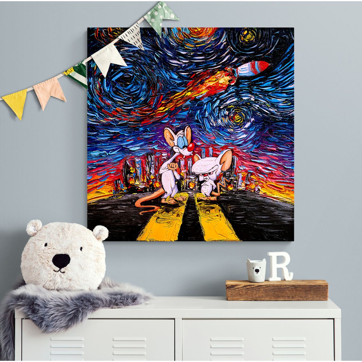 TAYRONA STORE - Cuadro Lienzo Habitaciones Noche Estrellada Pinky Y Cerebro 60x60cm