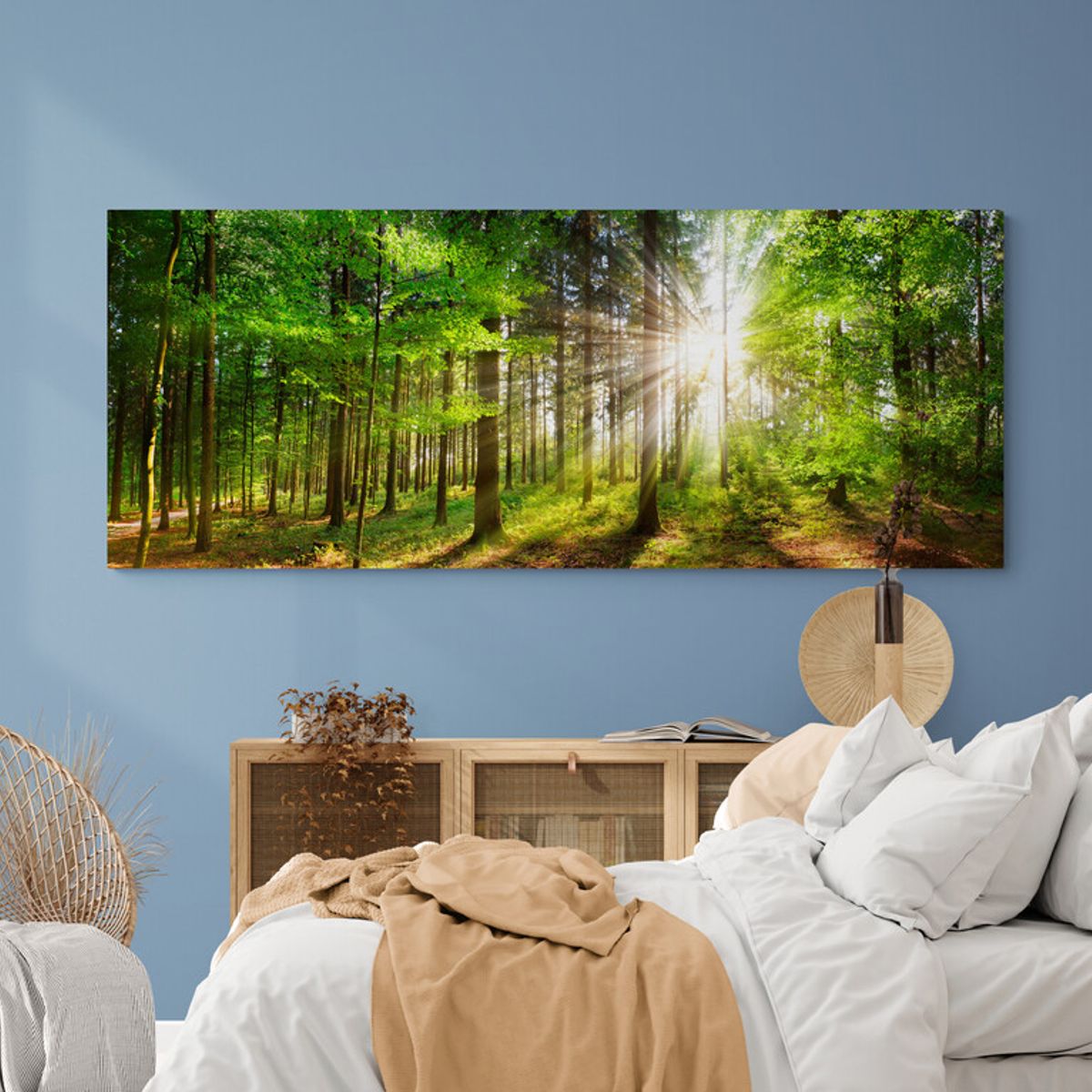 TAYRONA STORE - Cuadro Lienzo Para Habitaciones Atardecer Bosque Verde 019 100x40cm