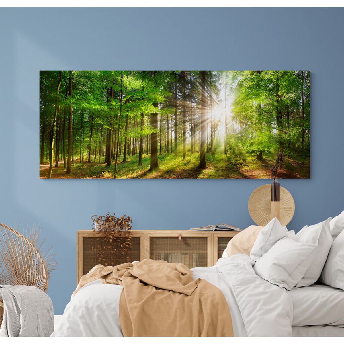 TAYRONA STORE - Cuadro Lienzo Para Habitaciones Atardecer Bosque Verde 019 100x40cm