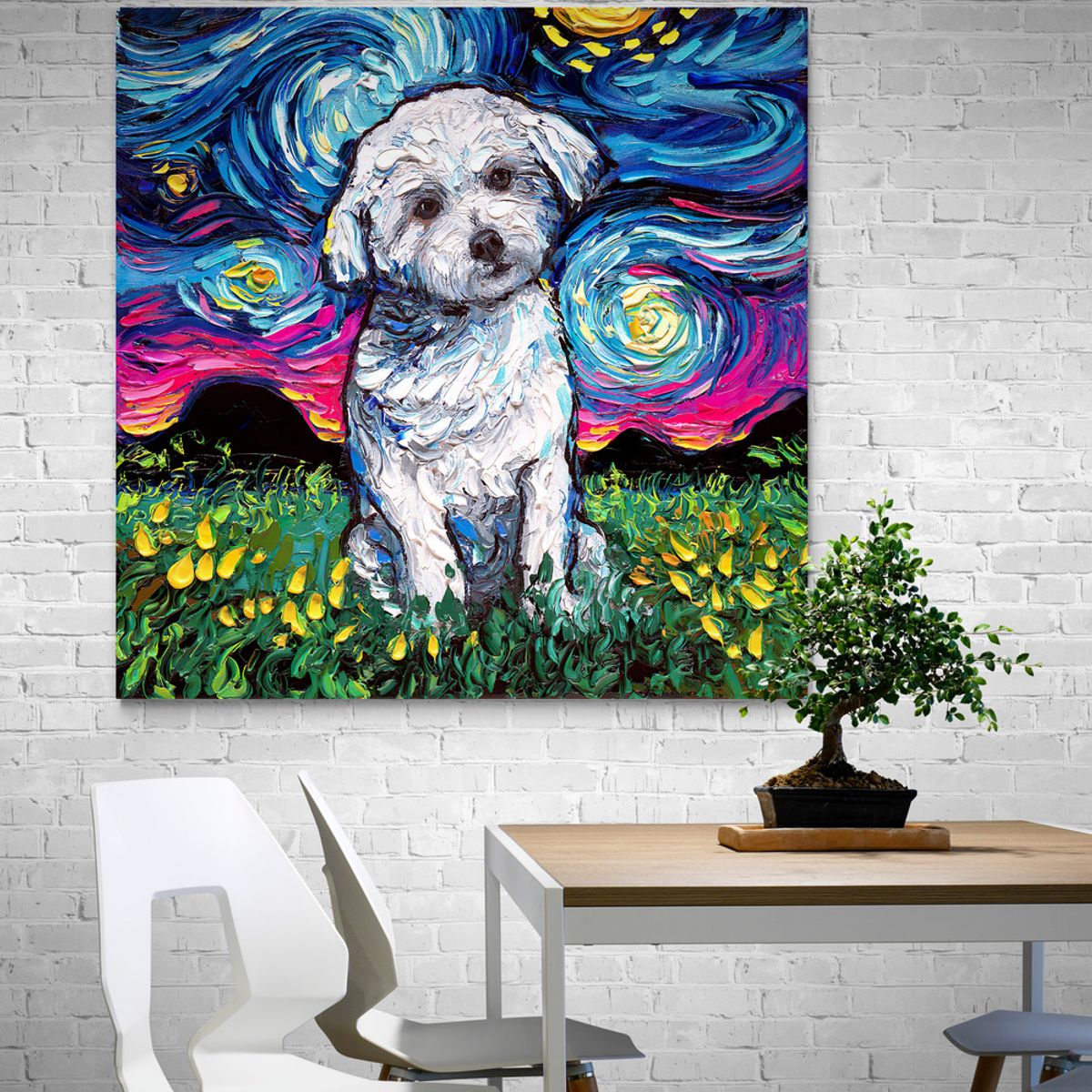TAYRONA STORE - Cuadro Lienzo Noche Estrellada Perro Maltese Night Aja Trier 90x90cm
