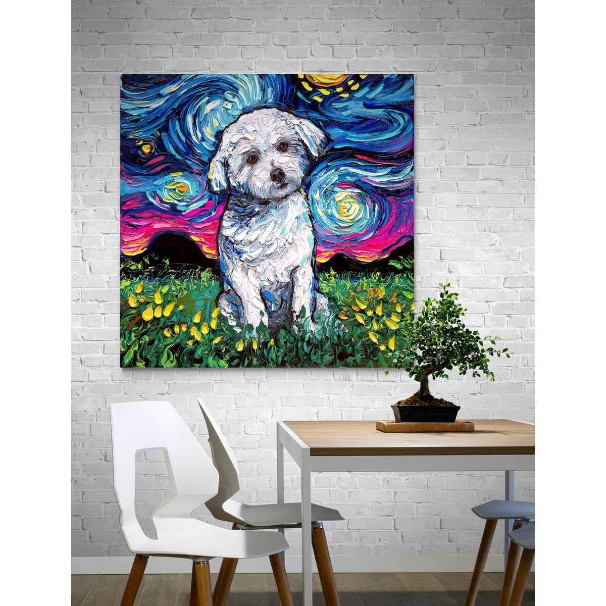 TAYRONA STORE - Cuadro Lienzo Noche Estrellada Perro Maltese Night Aja Trier 90x90cm