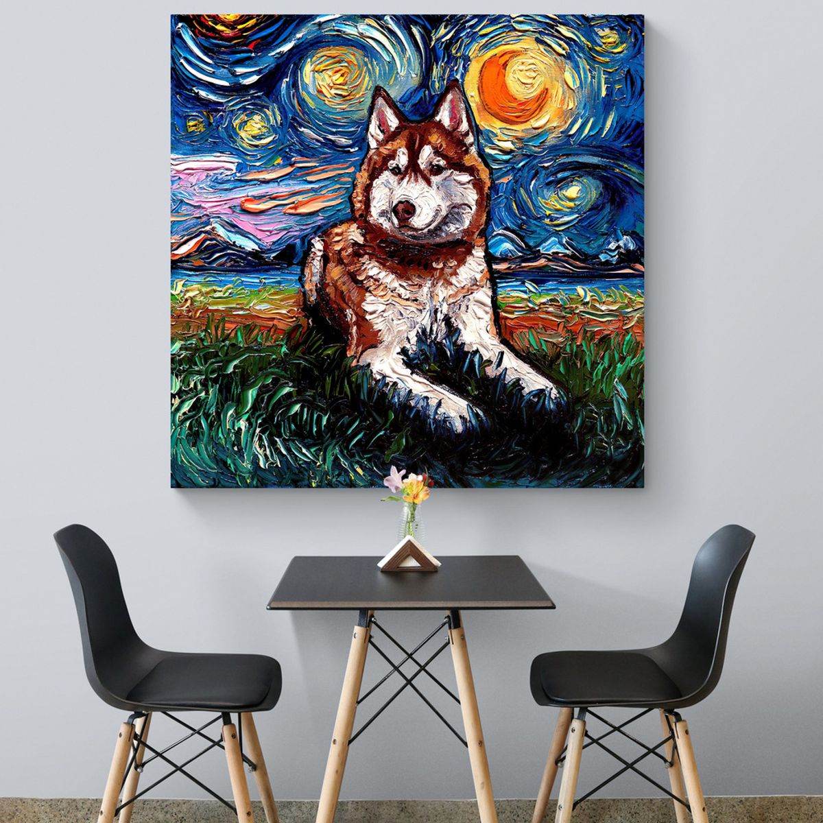 TAYRONA STORE - Cuadro Lienzo Noche Estrellada Perro Red And White Husky Night 80x80cm