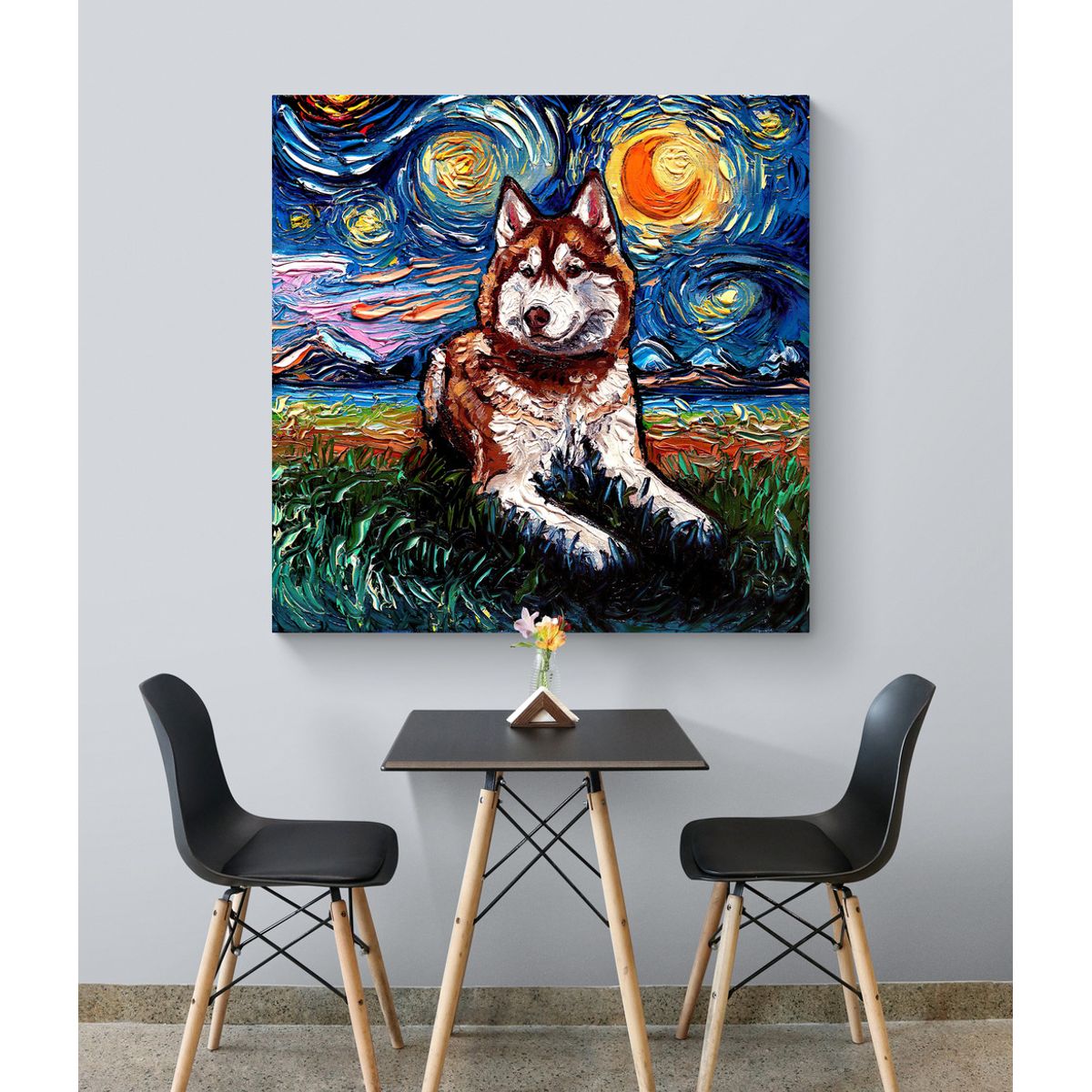 TAYRONA STORE - Cuadro Lienzo Noche Estrellada Perro Red And White Husky Night 80x80cm