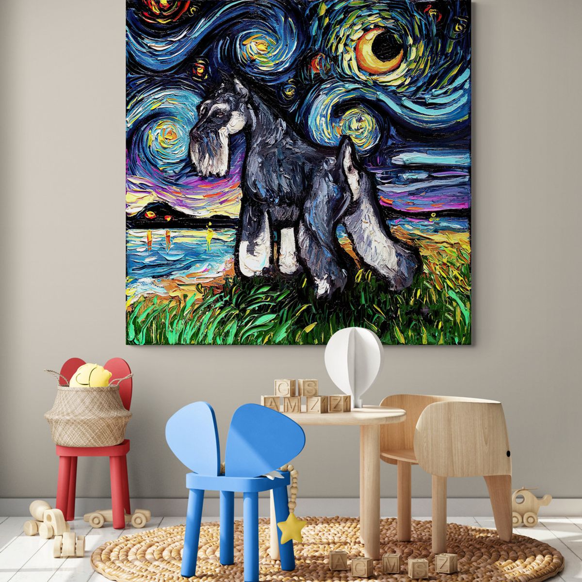 TAYRONA STORE - Cuadro Lienzo Noche Estrellada Perro Standard Schnauzer Night 60x60cm