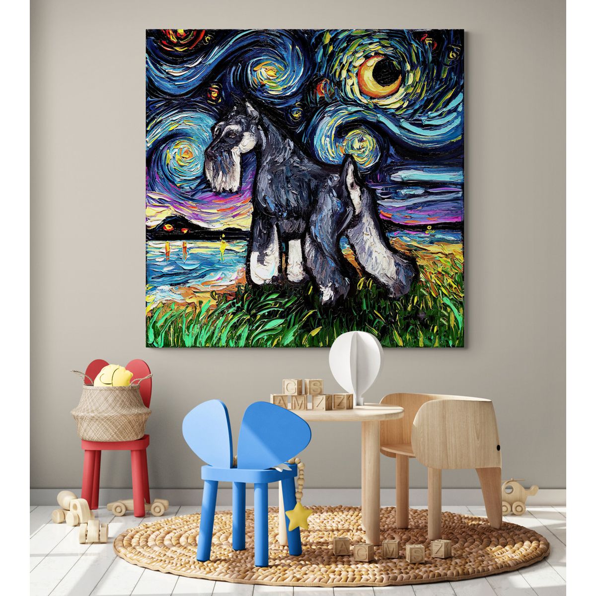 TAYRONA STORE - Cuadro Lienzo Noche Estrellada Perro Standard Schnauzer Night 60x60cm